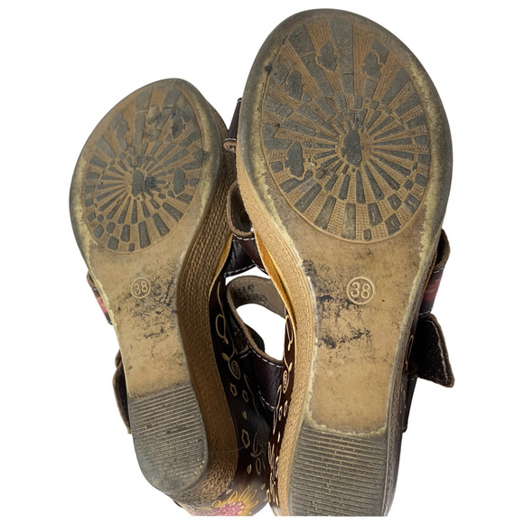 L'Artiste Spring Step Althea Leather Floral Wedge Heel Sandals Sz 38 US 7.5/8 - Picture 11 of 13